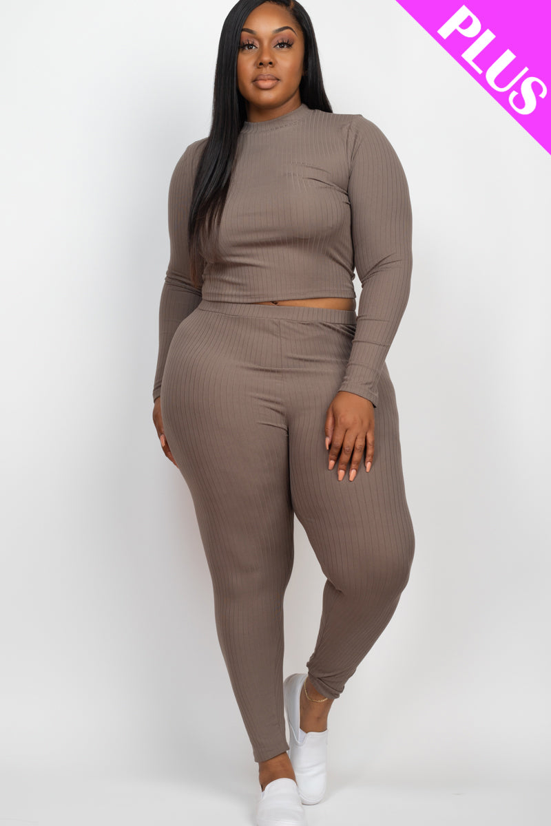 Plus Size Ribbed Mock Neck Long Sleeve Top & Leggings Set - Capella Apparel Wholesale