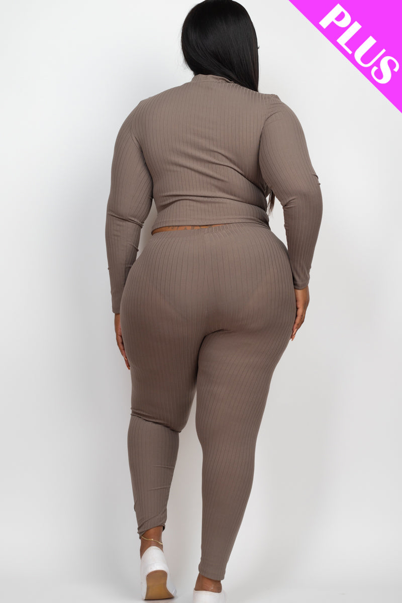 Plus Size Ribbed Mock Neck Long Sleeve Top & Leggings Set - Capella Apparel Wholesale