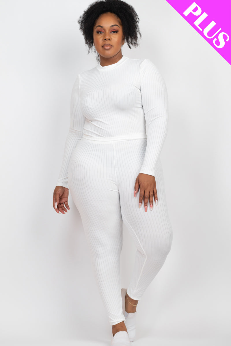 Plus Size Ribbed Mock Neck Long Sleeve Top & Leggings Set - Capella Apparel Wholesale