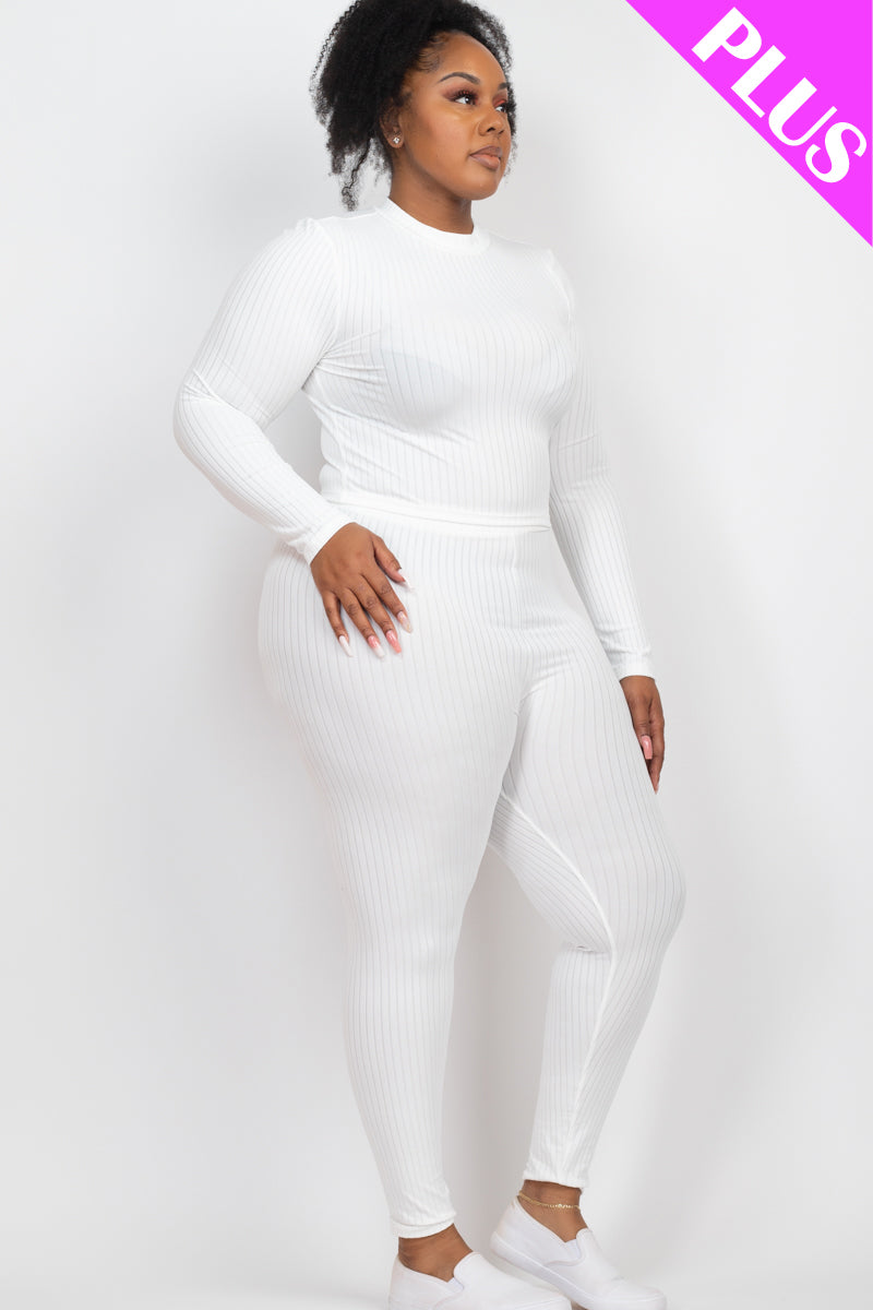 Plus Size Ribbed Mock Neck Long Sleeve Top & Leggings Set - Capella Apparel Wholesale