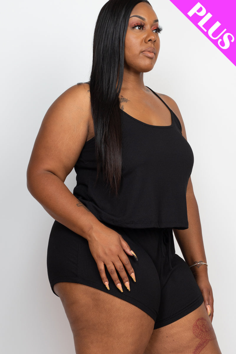 Plus Size Ribbed Strappy Top & Shorts Set - Capella Apparel Wholesale