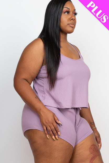 Plus Size Ribbed Strappy Top & Shorts Set - Capella Apparel Wholesale