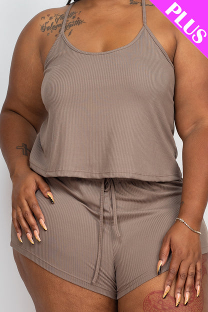 Plus Size Ribbed Strappy Top & Shorts Set - Capella Apparel Wholesale