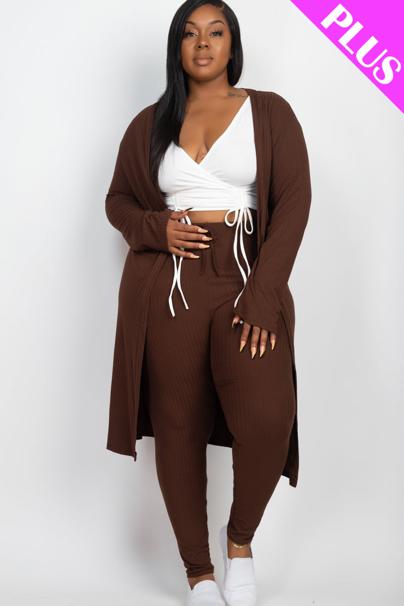Plus Size Ribbed Long Cardigan Leggings Set COFFEE (2)1X-(2)2X-(2)3X
