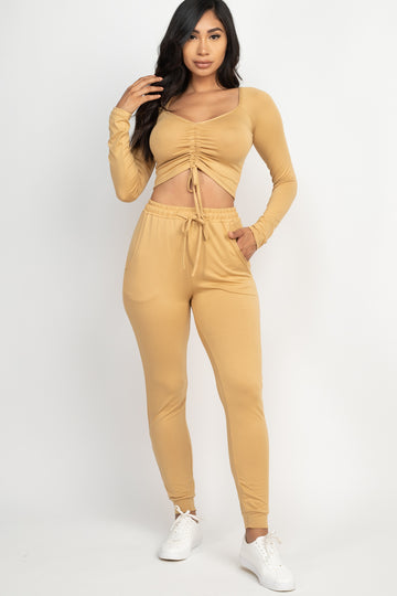 Long Sleeve Ruched Crop Top and Joggers Set - Capella Apparel