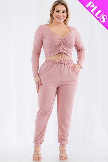 Plus Size Long Sleeve Ruched Crop Top and Joggers Set - Capella Apparel
