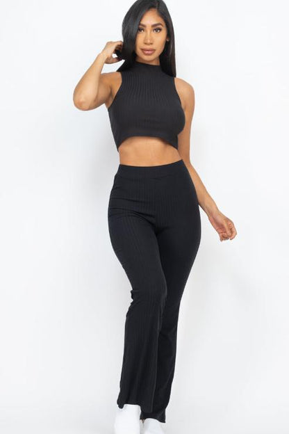 Ribbed Mock Neck Crop Tank Top & Bootcut Pants Set - Wholesale Capella Apparel