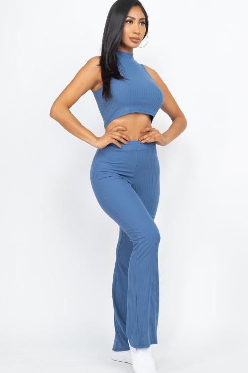 Ribbed Mock Neck Crop Tank Top & Bootcut Pants Set - Wholesale Capella Apparel