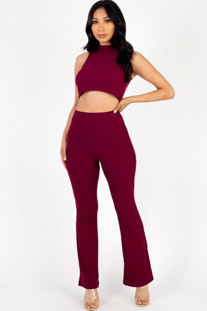 Ribbed Mock Neck Crop Tank Top & Bootcut Pants Set - Wholesale Capella Apparel