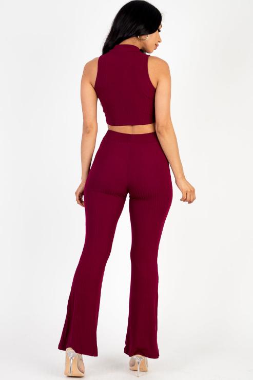 Ribbed Mock Neck Crop Tank Top & Bootcut Pants Set - Wholesale Capella Apparel