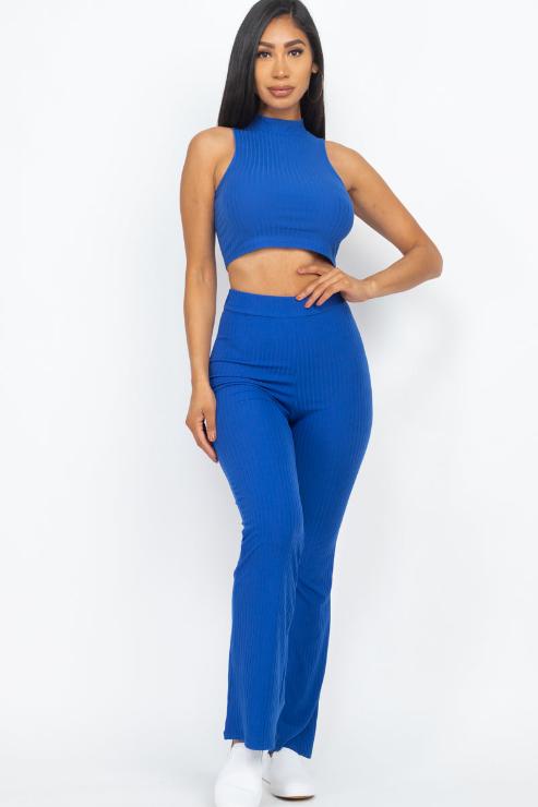 Ribbed Mock Neck Crop Tank Top & Bootcut Pants Set - Wholesale Capella Apparel