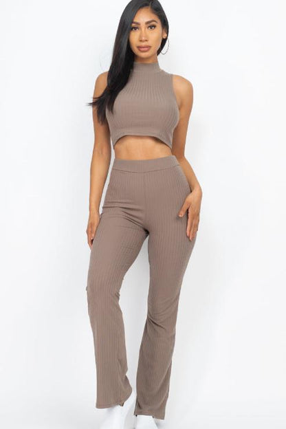 Ribbed Mock Neck Crop Tank Top & Bootcut Pants Set - Wholesale Capella Apparel