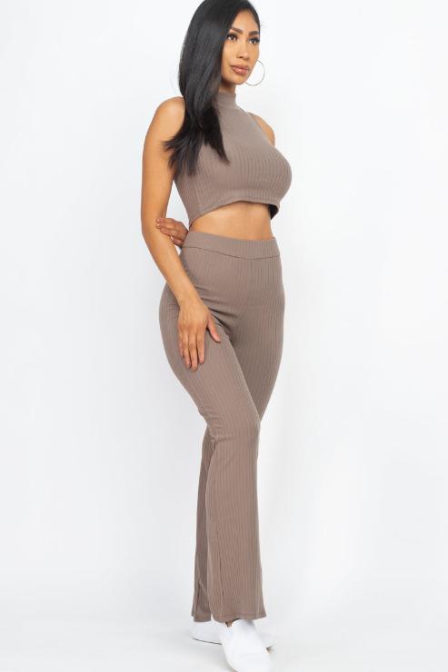 Ribbed Mock Neck Crop Tank Top & Bootcut Pants Set - Wholesale Capella Apparel