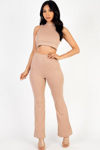 Ribbed Mock Neck Crop Tank Top & Bootcut Pants Set - Wholesale Capella Apparel