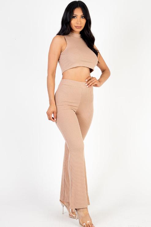 Ribbed Mock Neck Crop Tank Top & Bootcut Pants Set - Wholesale Capella Apparel