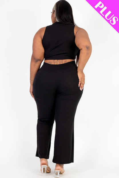 Plus Size Ribbed Mock Neck Crop Tank Top& Bootcut Pants Set (CAPELLA) - Capella Apparel