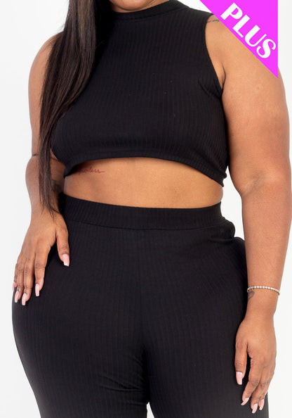 Plus Size Ribbed Mock Neck Crop Tank Top& Bootcut Pants Set (CAPELLA) - Capella Apparel