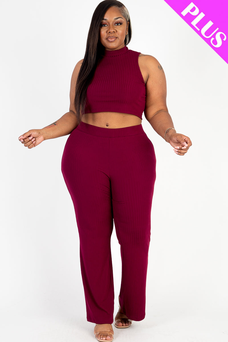 Plus Size Ribbed Mock Neck Crop Tank Top& Bootcut Pants Set - Capella Apparel