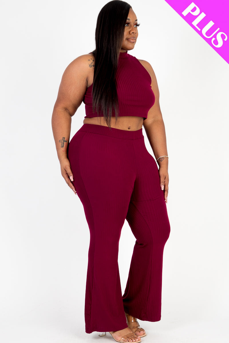 Plus Size Ribbed Mock Neck Crop Tank Top& Bootcut Pants Set - Capella Apparel