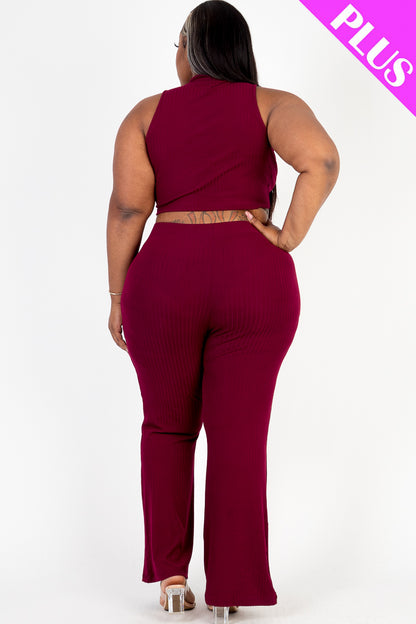 Plus Size Ribbed Mock Neck Crop Tank Top& Bootcut Pants Set - Capella Apparel