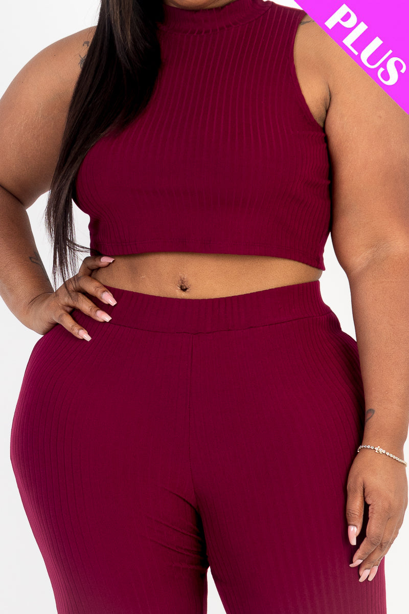 Plus Size Ribbed Mock Neck Crop Tank Top& Bootcut Pants Set - Capella Apparel