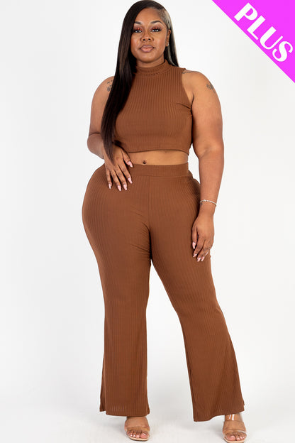 Plus Size Ribbed Mock Neck Crop Tank Top& Bootcut Pants Set - Capella Apparel