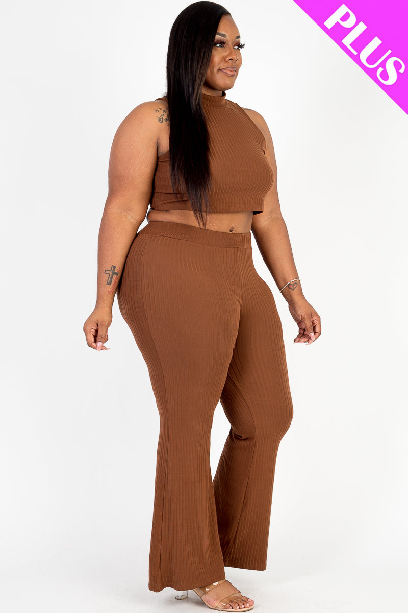 Plus Size Ribbed Mock Neck Crop Tank Top& Bootcut Pants Set - Capella Apparel