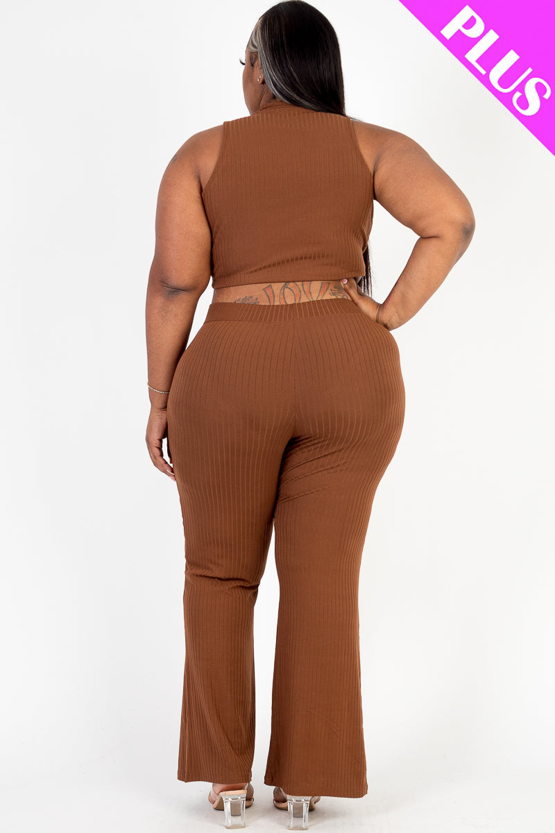 Plus Size Ribbed Mock Neck Crop Tank Top& Bootcut Pants Set - Capella Apparel