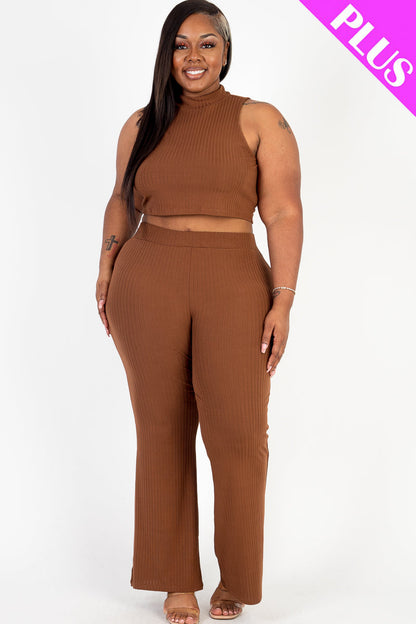 Plus Size Ribbed Mock Neck Crop Tank Top& Bootcut Pants Set (CAPELLA) - Capella Apparel