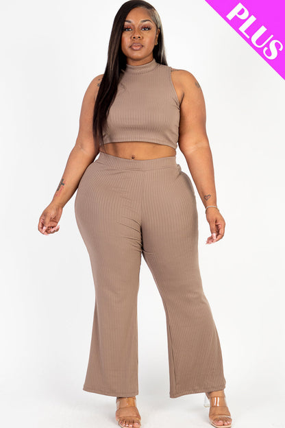 Plus Size Ribbed Mock Neck Crop Tank Top& Bootcut Pants Set (CAPELLA) - Capella Apparel