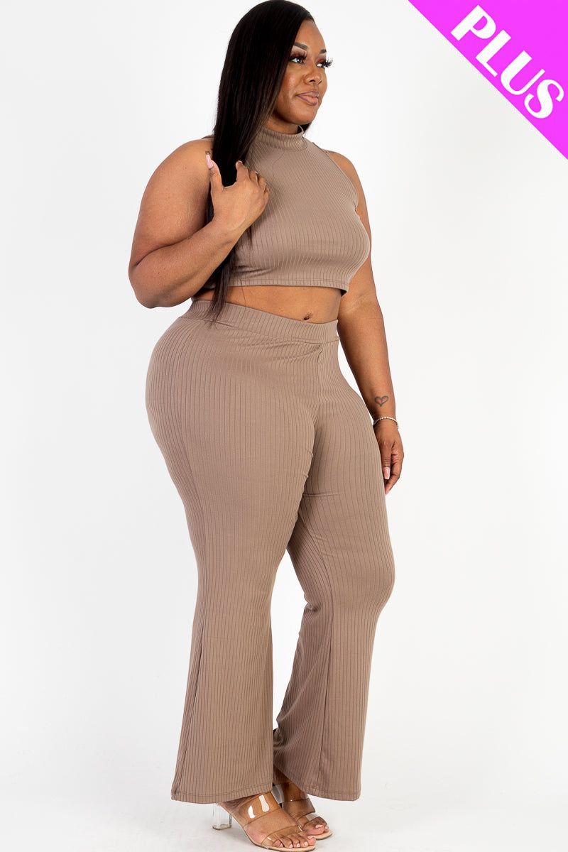 Plus Size Ribbed Mock Neck Crop Tank Top& Bootcut Pants Set (CAPELLA) - Capella Apparel