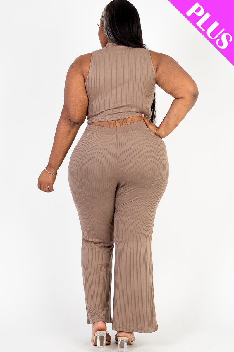 Plus Size Ribbed Mock Neck Crop Tank Top& Bootcut Pants Set (CAPELLA) - Capella Apparel