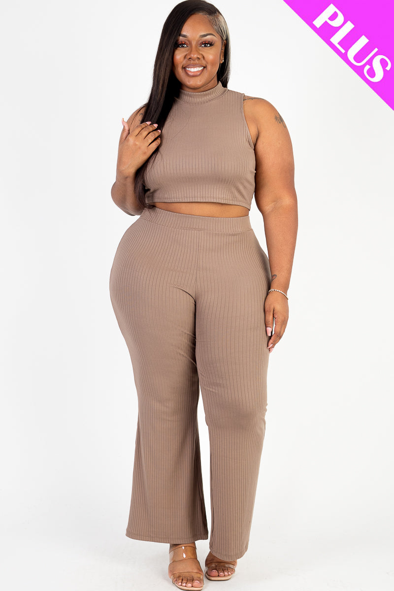 Plus Size Ribbed Mock Neck Crop Tank Top& Bootcut Pants Set - Capella Apparel