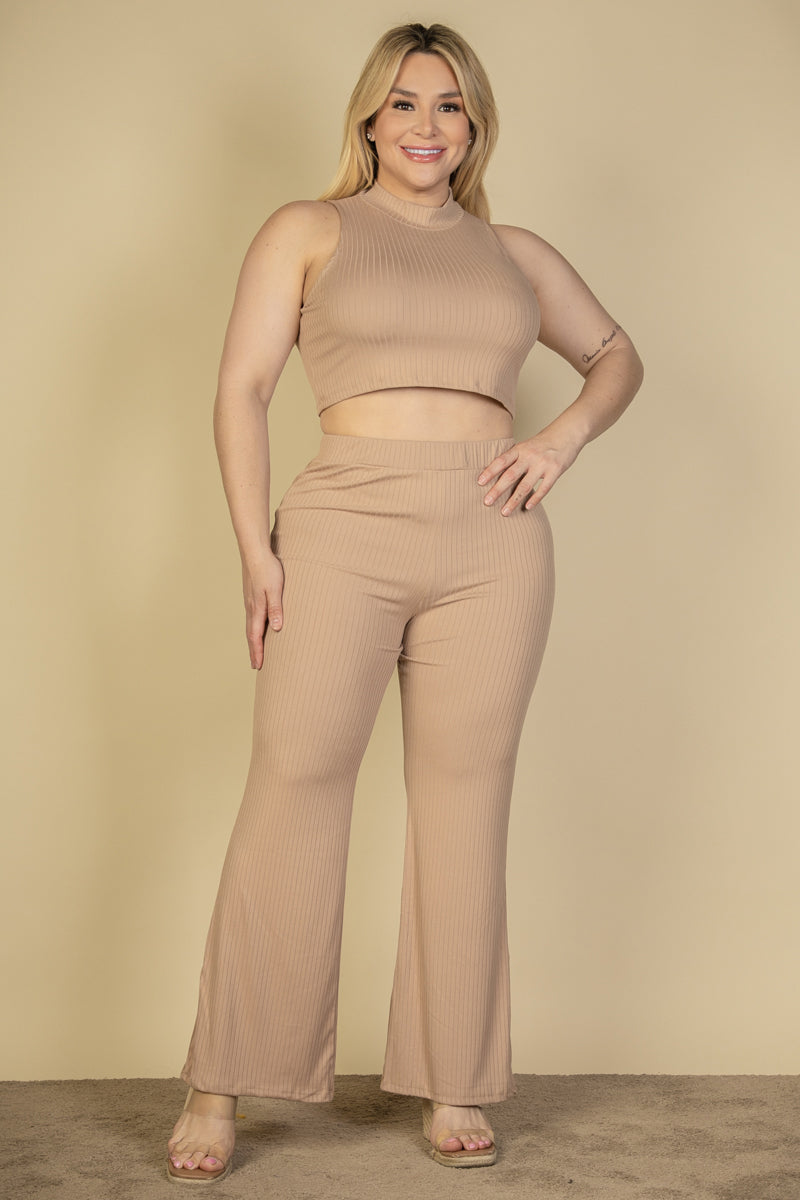 Plus Size Ribbed Mock Neck Crop Tank Top& Bootcut Pants Set (CAPELLA) - Capella Apparel