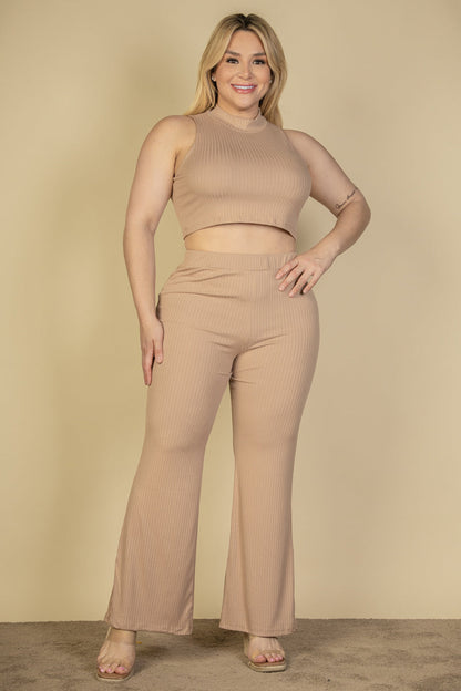 Plus Size Ribbed Mock Neck Crop Tank Top& Bootcut Pants Set (CAPELLA) - Capella Apparel