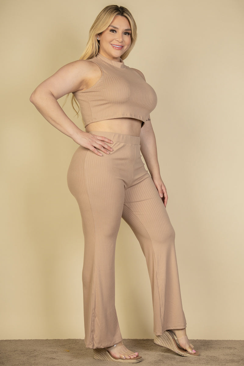 Plus Size Ribbed Mock Neck Crop Tank Top& Bootcut Pants Set (CAPELLA) - Capella Apparel