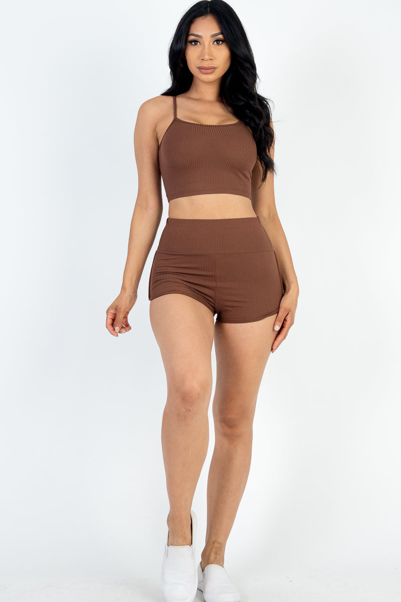 Ribbed Cami Crop Top & Ruched Shorts Set(CAPELLA) - Capella Apparel