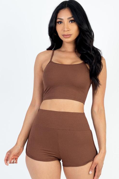 Ribbed Cami Crop Top & Ruched Shorts Set - Wholesale Capella Apparel