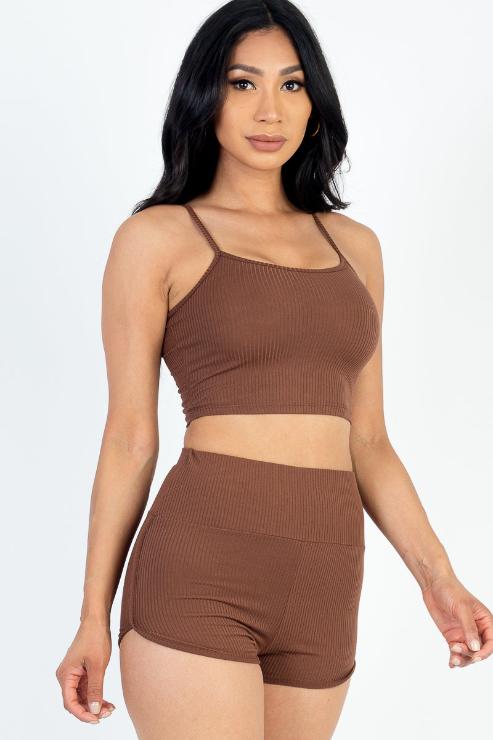 Ribbed Cami Crop Top & Ruched Shorts Set - Wholesale Capella Apparel