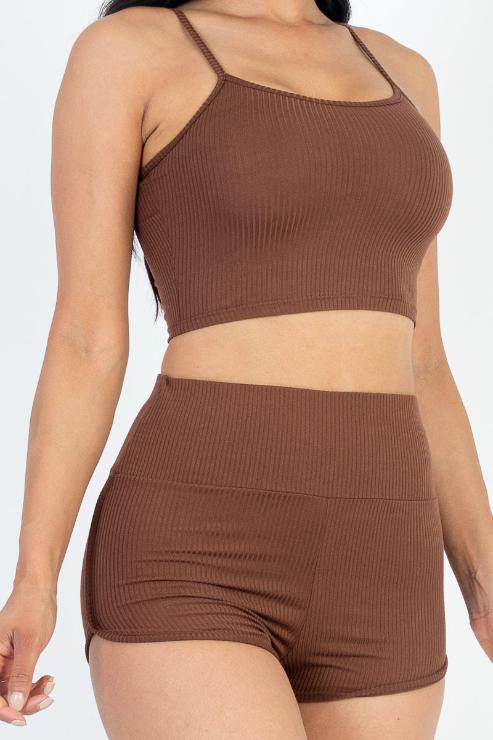 Ribbed Cami Crop Top & Ruched Shorts Set - Wholesale Capella Apparel