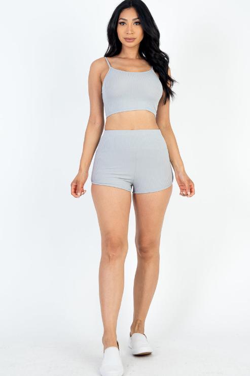 Ribbed Cami Crop Top & Ruched Shorts Set - Wholesale Capella Apparel