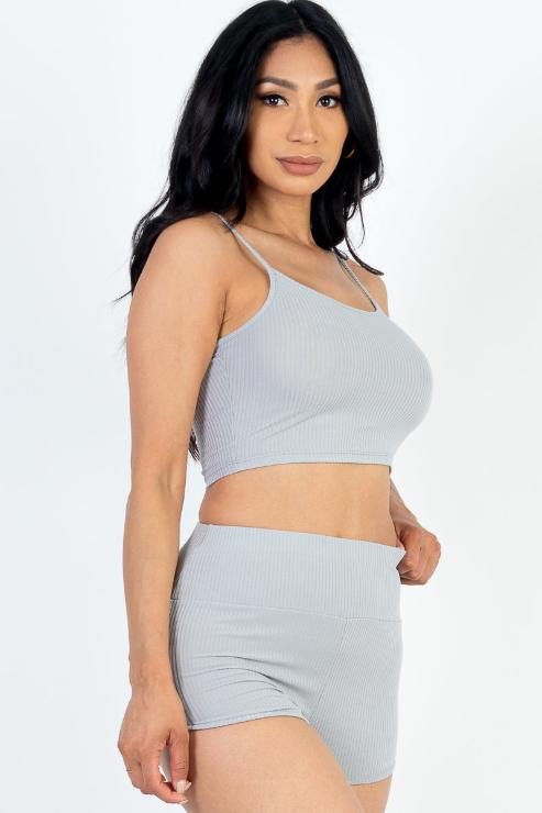 Ribbed Cami Crop Top & Ruched Shorts Set - Wholesale Capella Apparel