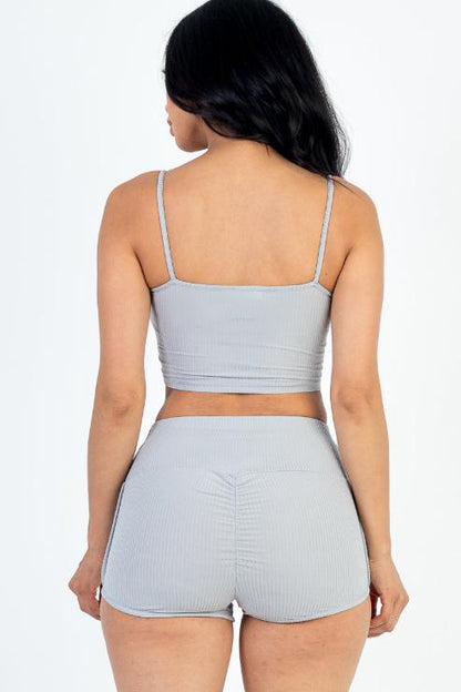 Ribbed Cami Crop Top & Ruched Shorts Set - Wholesale Capella Apparel