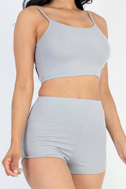 Ribbed Cami Crop Top & Ruched Shorts Set - Wholesale Capella Apparel