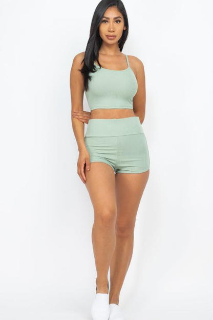 Ribbed Cami Crop Top & Ruched Shorts Set - Wholesale Capella Apparel