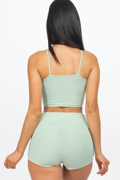 Ribbed Cami Crop Top & Ruched Shorts Set - Wholesale Capella Apparel