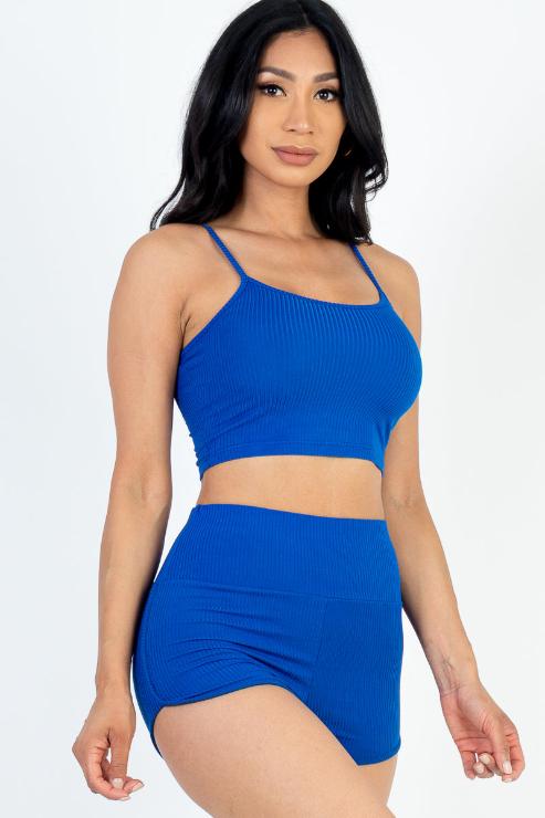 Ribbed Cami Crop Top & Ruched Shorts Set - Wholesale Capella Apparel