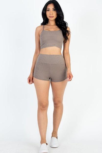 Ribbed Cami Crop Top & Ruched Shorts Set - Wholesale Capella Apparel