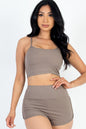 Ribbed Cami Crop Top & Ruched Shorts Set(CAPELLA) - Capella Apparel