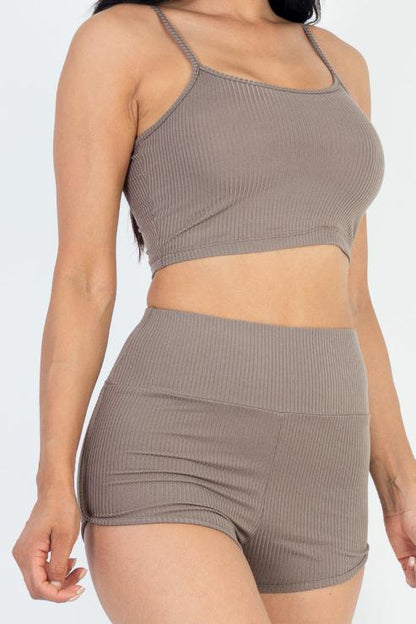 Ribbed Cami Crop Top & Ruched Shorts Set - Wholesale Capella Apparel